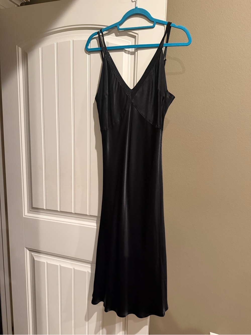 Classic Black Slip Dress with V-Neck and Rhinestones - lined
